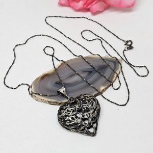 925 Oxidized Sterling Silver Puffy Filigree Heart Pendant Chain Necklace 31”